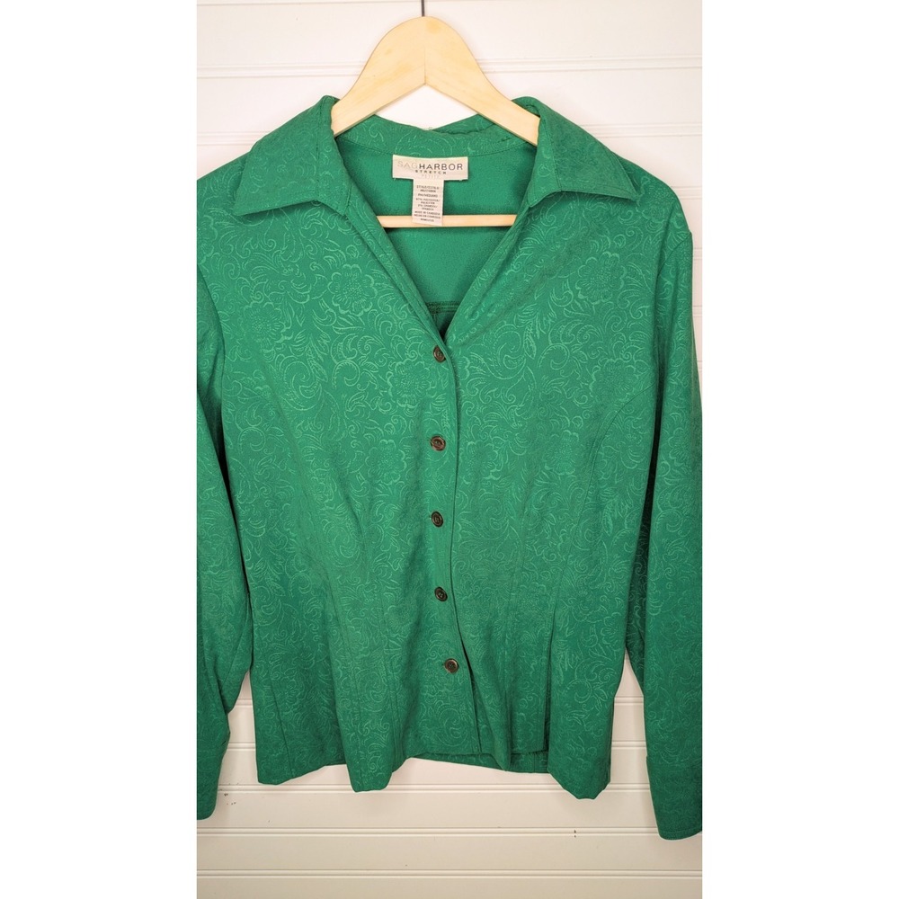 Sag Harbor Women's Button Up Blouse Petite Medium Green Floral Heavyweight Artsy